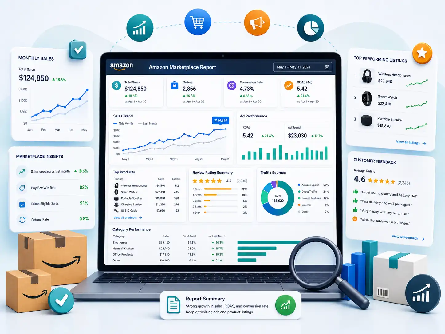 Amazon marketplace reputation report with listing quality and feedback improvement actions